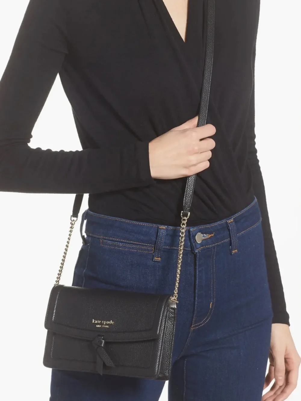 🆕 KATE SPADE black crossbody pebbled leather bag purse  gold chain adjustable